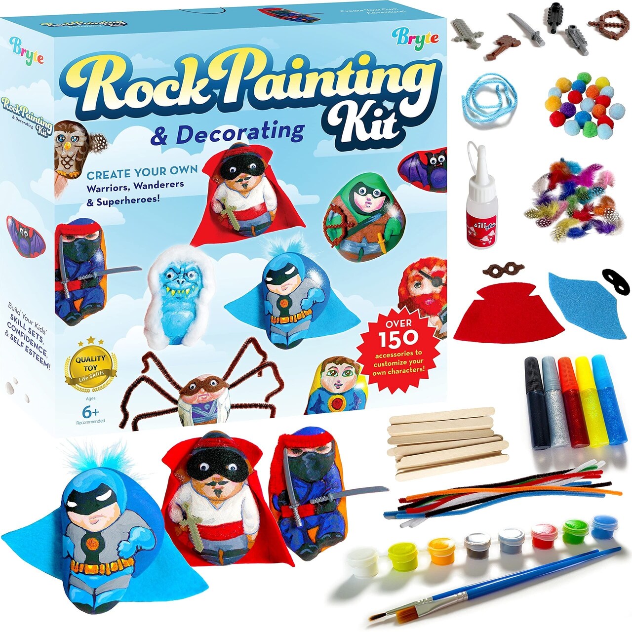 Bryte Rock 150+ Piece Painting Kit for Kids 6+ With Ninja, Warrior and Superhero Toy Accessories, Paint Set, and Includes Easy-to-Follow Instructional Videos